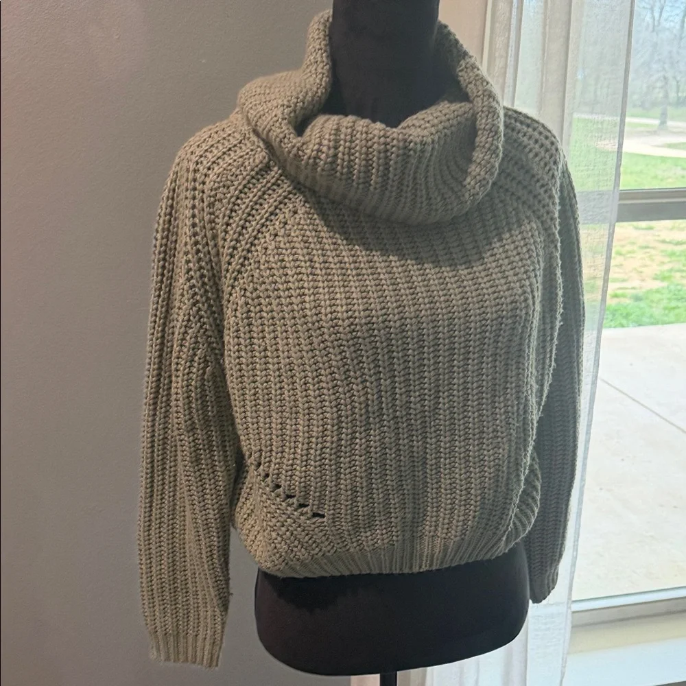 moon & madison Olive Cowl Neck Sweater Crochet Cable Ribbed Cropped Knit